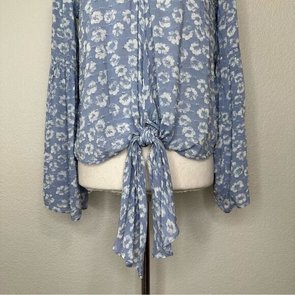 Everly Floral Blue Front Tie Swiss Dot Flared Sleeves Top, Size Small - Picture 6 of 13